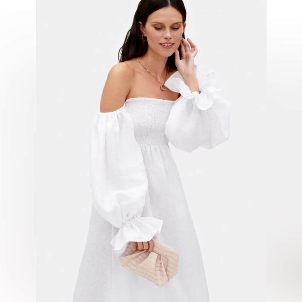 NEW Sleeper Atlanta Linen Dress Off-Shoulder White Puff Sleeve w/ Bow size L - Picture 5 of 14